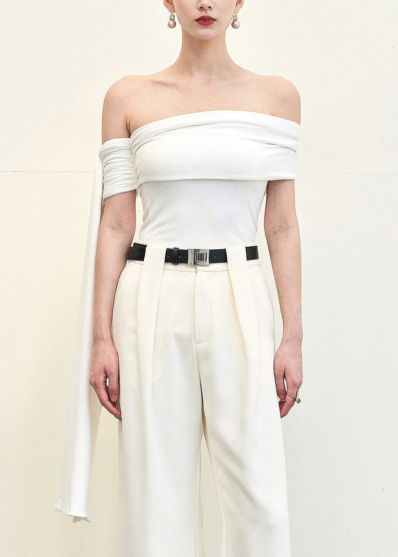 Slim Fit White Slash Neck Cotton Tops Sleeveless