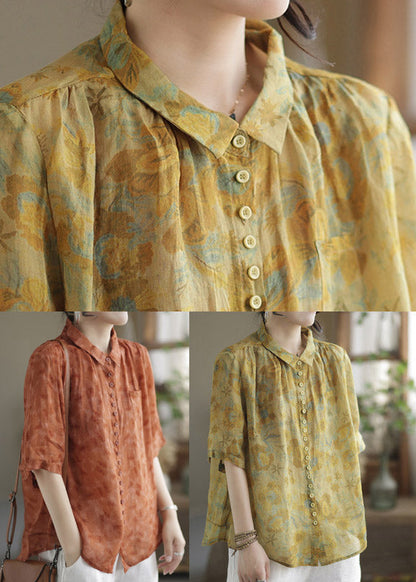 Yellow Peter Pan Collar Print Linen Shirt Half Sleeve