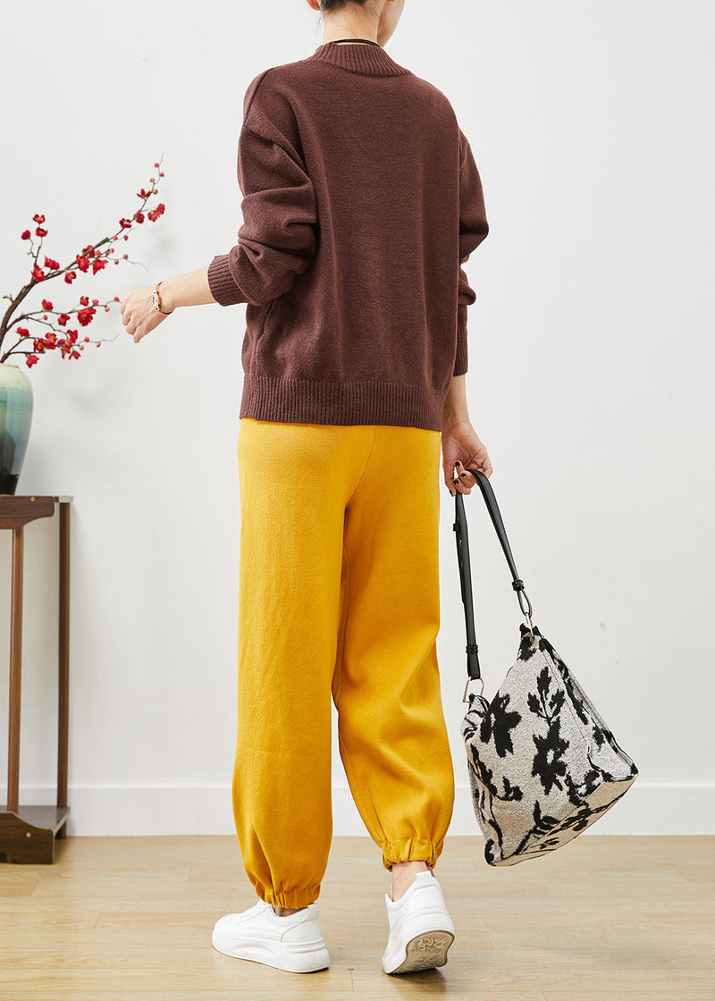 Coffee Oversized Print Knit Two Pieces Set Fall