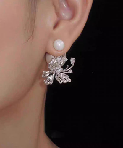 White Copper Zircon Pearl Butterfly Stud Earrings