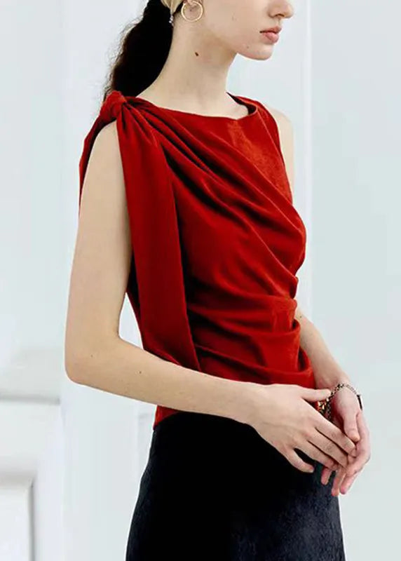 Red Slash Neck Bow Wrinkled Top Sleeveless
