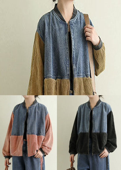 Black Pockets Corduroy Patchwork Denim Jackets Spring