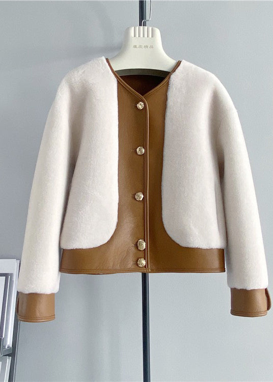 French White V Neck Patchwork Leather and Fur Jackets Winter