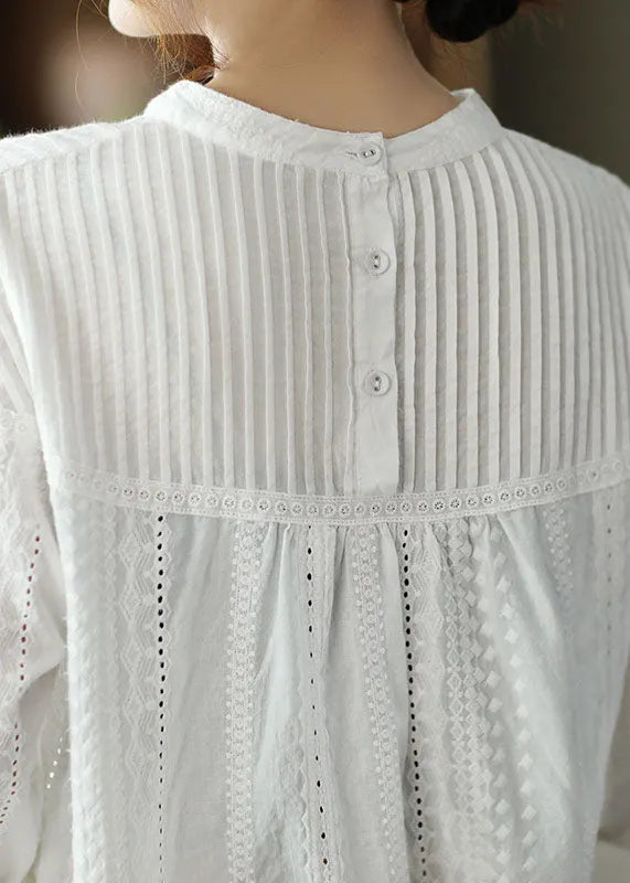 White Hollow Out Patchwork Wrinkled Cotton Tops Fall