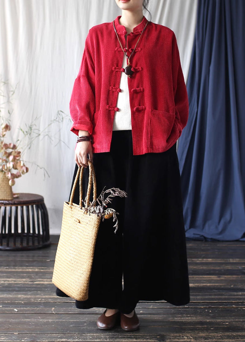 Red Chinese Button Pockets Corduroy Jackets Spring