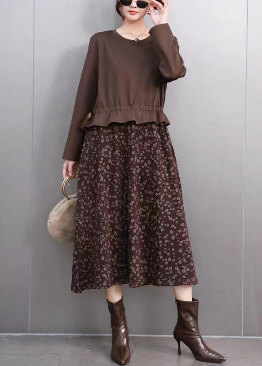 Novelty Coffee O-neck Patchwork Print Fake Two Pieces Long Dress Spring