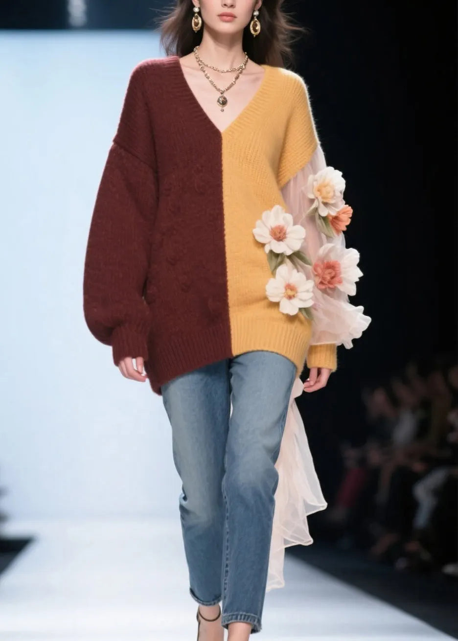 Classy Colorblock V Neck Tulle Knit Top Fall