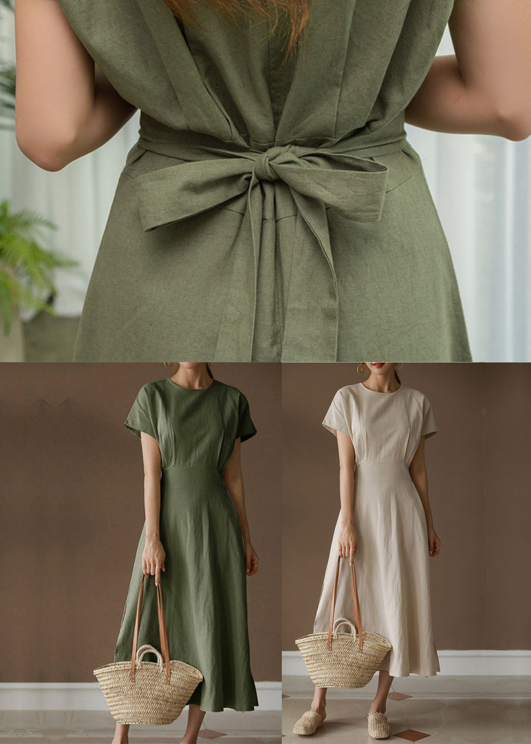 Beige O-neck Slim Fit Cotton Holiday Dresses Summer