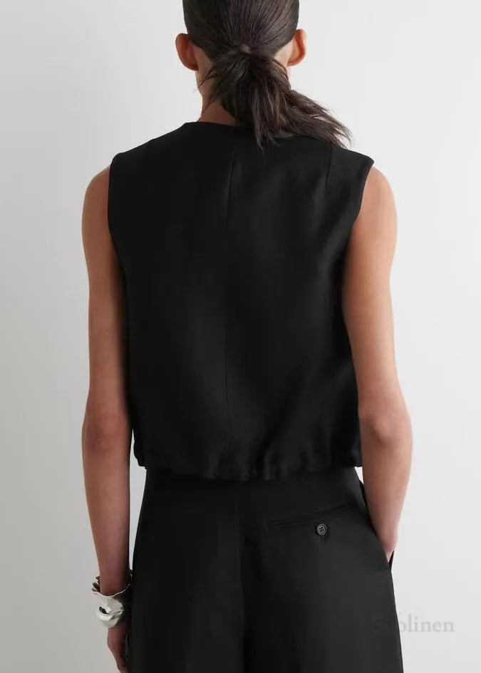 Black V Neck Lace Up Linen Shirt Tops Summer