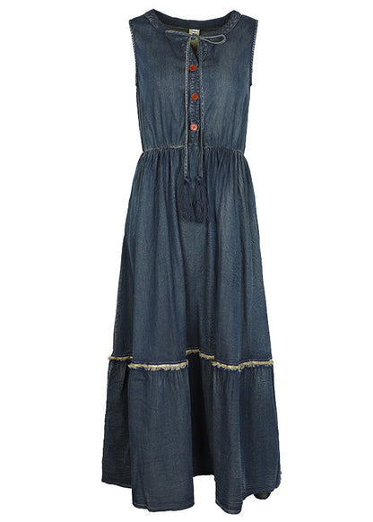 Natural Blue O-neck Drawstring Elastic Waist Cotton Ankle Dress Spring