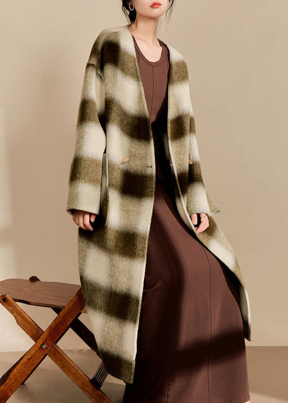 V Neck Pockets Plaid Woolen Maxi Coats Fall
