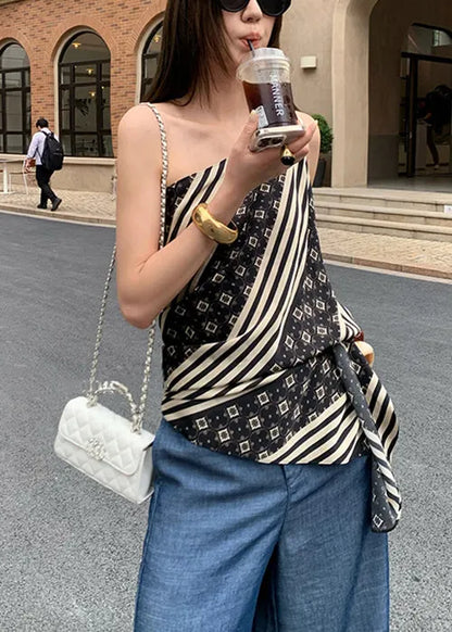 Slim Fit Striped Asymmetrical Print Cotton Tank Sleeveless