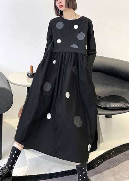 Art Black Pockets Patchwork Tulle Print Fall Vacation Dresses Long Sleeve