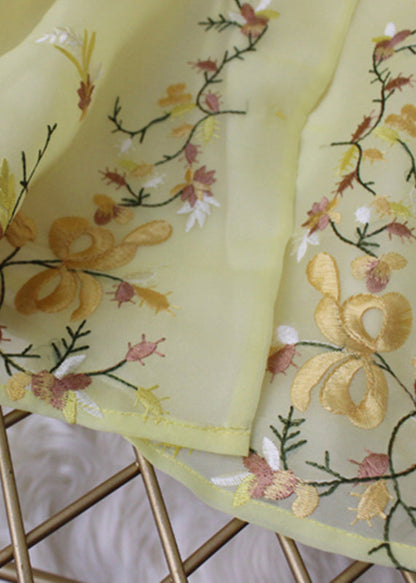Simple Yellow Stand Collar Embroideried Chiffon Coat Long Sleeve