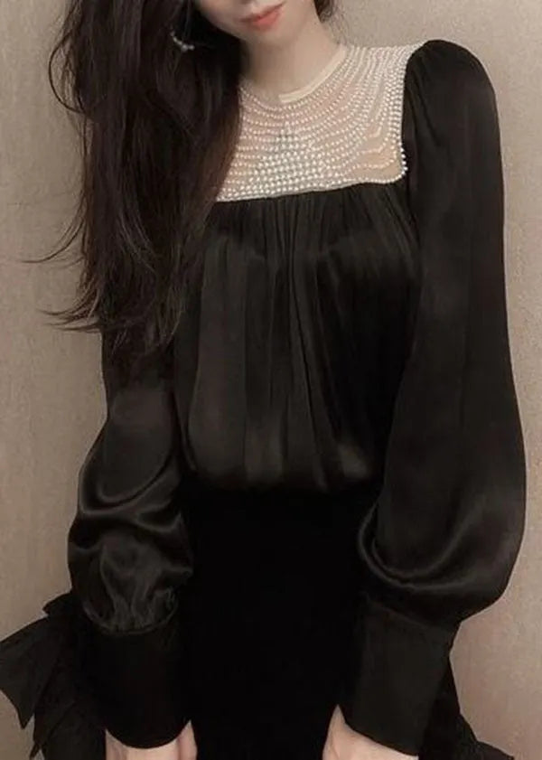 Handmade White O-neck Wrinkled Nail Bead Patchwork Shirt Tops Long Sleeve