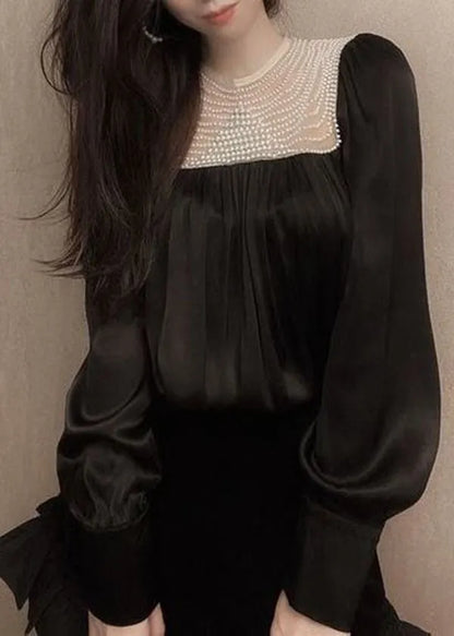 Handmade White O-neck Wrinkled Nail Bead Patchwork Shirt Tops Long Sleeve