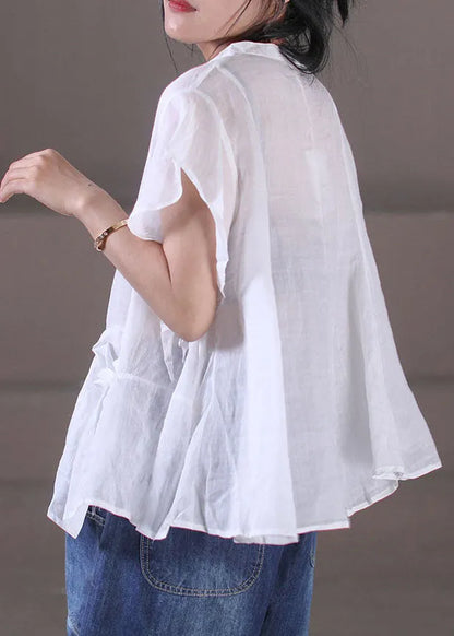 White Patchwork Cotton Linen Tanks V Neck Pockets Color Short Sleeve