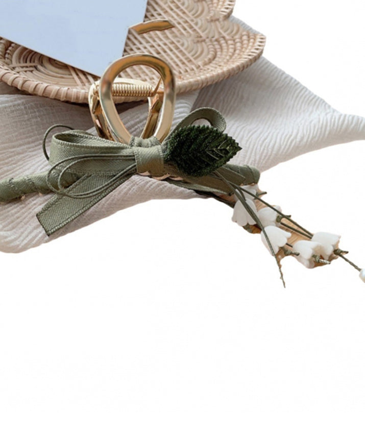 Army Green Alloy Cloth Bow Lily of the Valley Tassel Hairpin