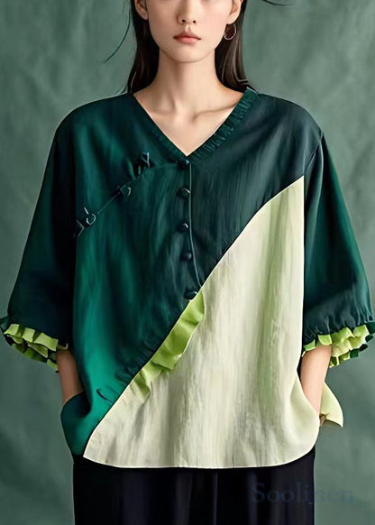 Blackish Green Button Patchwork Linen Top Butterfly Sleeve