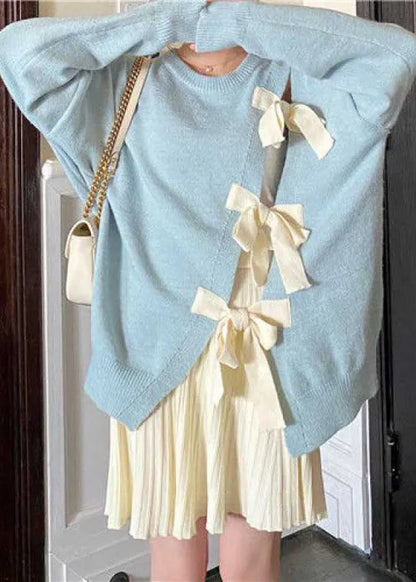 Boutique Blue Bow Patchwork Fall Knit Sweaters