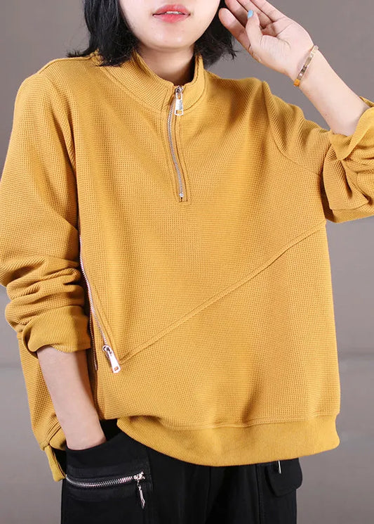 Yellow Stand Collar Side Open Sweatshirt Fall
