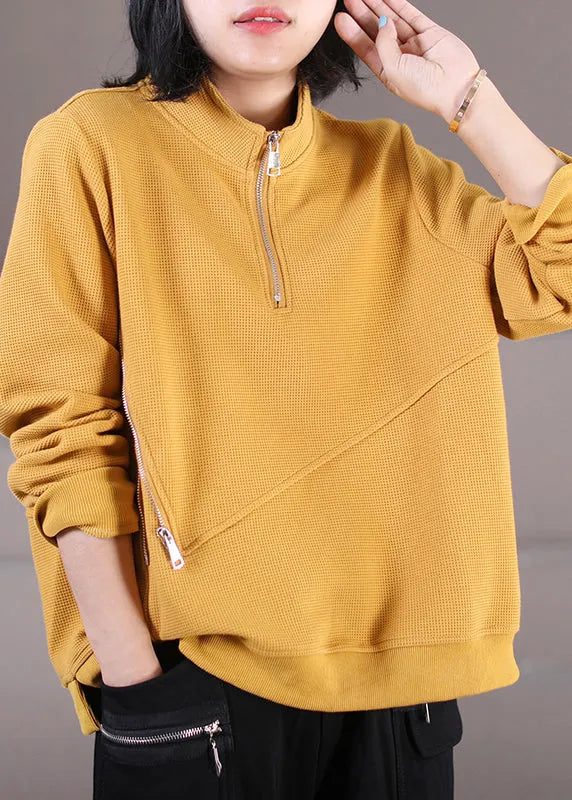 Yellow Stand Collar Side Open Sweatshirt Fall