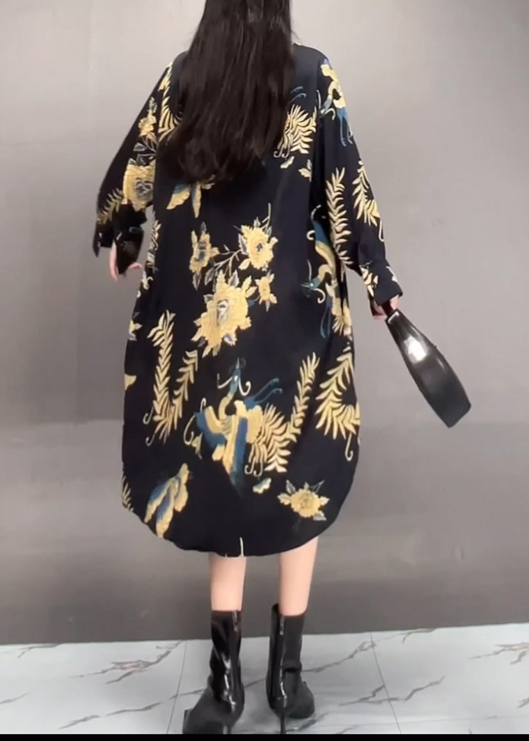 Black Peter Pan Collar Asymmetrical Print Long Dress Fall