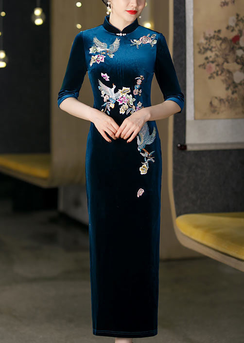 Italian Peacock Blue Stand Collar Embroideried Silk Velour Dresses Half Sleeve