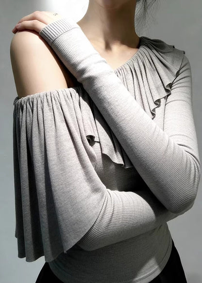 Grey One Shoulder Ruffles Cotton Tops Spring