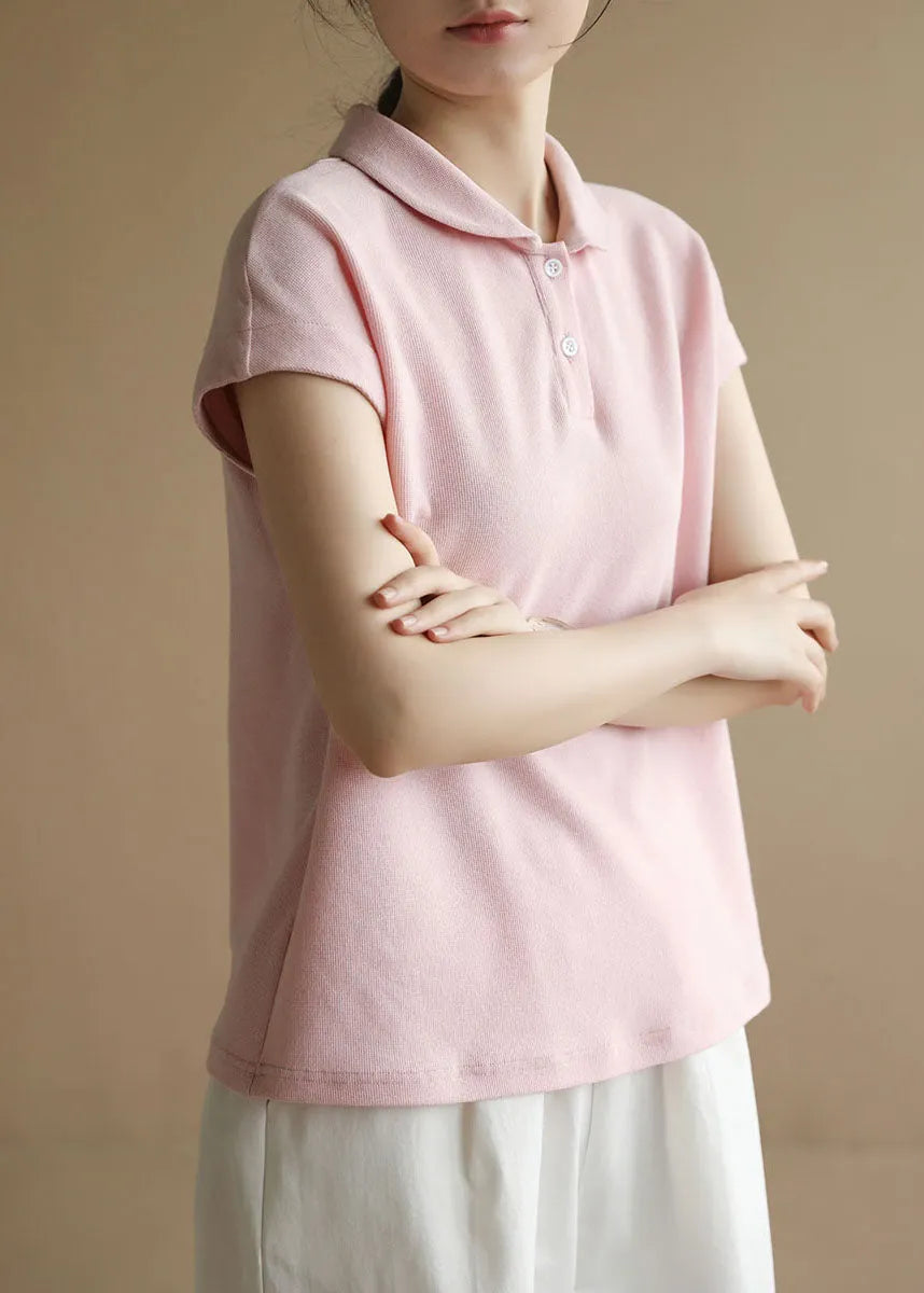 Style Pink Peter Pan Collar Button Cotton Tank Short Sleeve