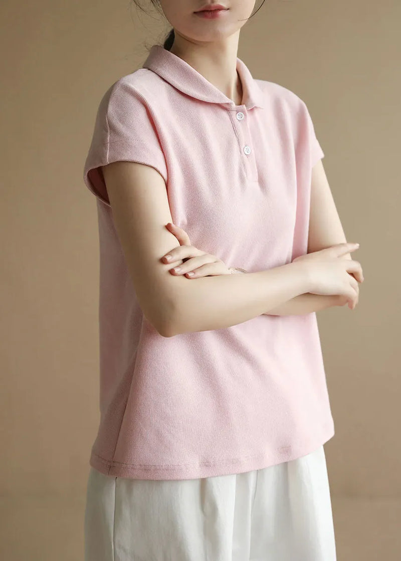 Style Pink Peter Pan Collar Button Cotton Tank Short Sleeve