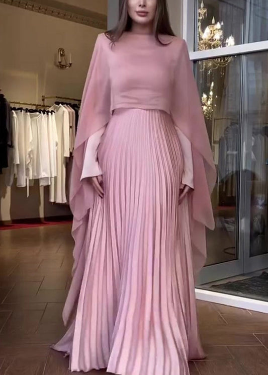 Spring New Pink Pleated Long Sleeved Dress Shawl Set