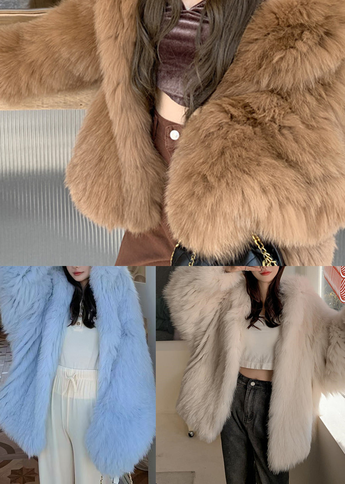 Blue Oversized Hooded Fox Fur Coats Winter