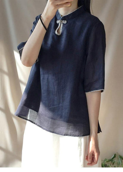 Italian Dark Blue Clothes for Stand Collar Half Sleeve Cotton Top