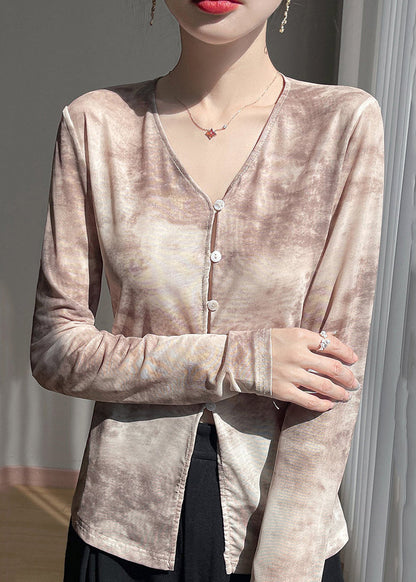 Khaki Button Print Tulle Fall T Shirts V Neck