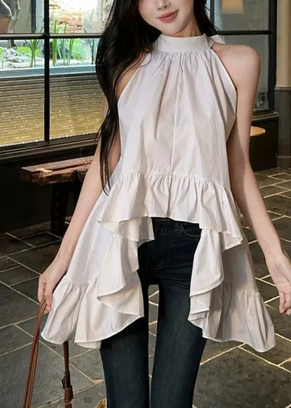 White Ruffled Exra Large Hem Cotton Shirt Sleeveless