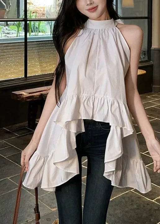 White Ruffled Exra Large Hem Cotton Shirt Sleeveless