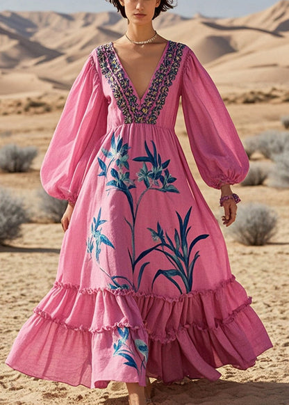 Fine Rose Ruffled Print Cotton Ankle Dress Fall