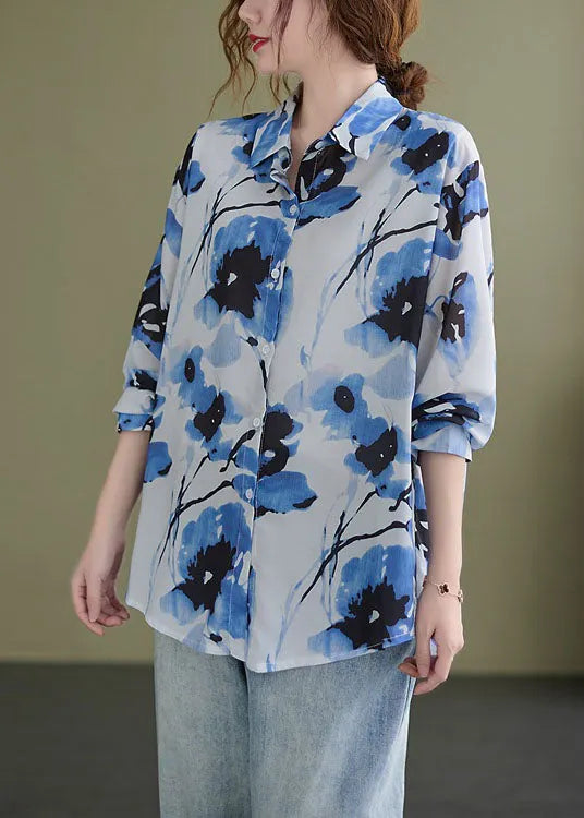 Blue Peterpan Collar Button Print Fall Tops Long Sleeve