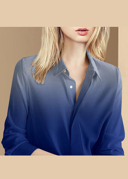 French Gradient Color Blue Button Peter Pan Collar Shirt Long Sleeve