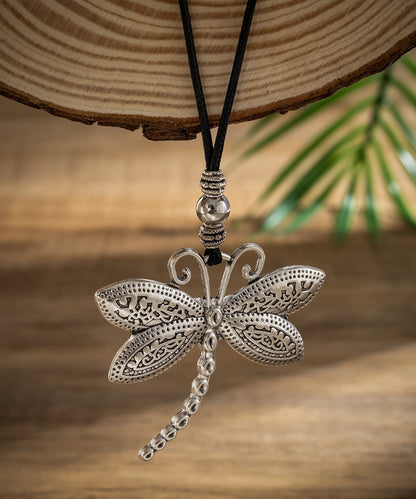 Handmade Black Sterling Silver Wax Line Dragonfly Adjustable Pendant Necklace