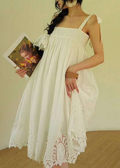 White Embroidered Hollow Out Cotton Party Long Dress Summer