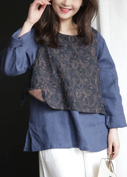 French Navy O-neck Patchwork Tie Waist Linen Fake Two Piece Shirt Tops Spring