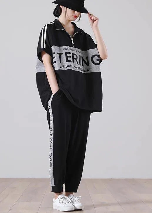 Unique Black Patchwork Cotton Summer Two Piece Set Clothing