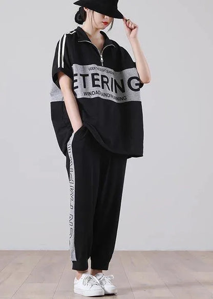 Unique Black Patchwork Cotton Summer Two Piece Set Clothing