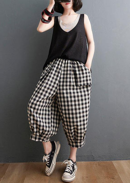 Plaid Elastic Waist Harem Pants Summer Cotton Linen