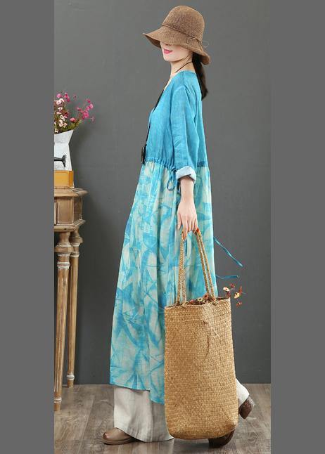 Simple Blue Print Tunic Pattern V Neck Patchwork a Line Spring Dress