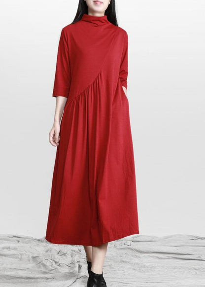 Red Stand Cinched Asymmetrical Design Maxi Dresses Fall