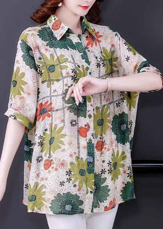 Green Peter Pan Collar Print Silk Top Short Sleeve