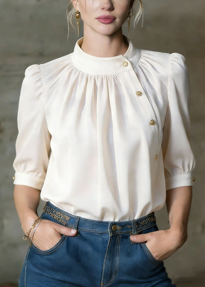 Stylish Apricot O-neck Button Silk Shirts Summer